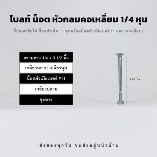 โบลท์เสาขันไม้เกลียวสองหุน 1/4 นิ้ว หัวเห็ด หัวกลมคอเหลี่ยม พร้อมน็อตตัวเมียเบอร์ 11 - ชุบขาว