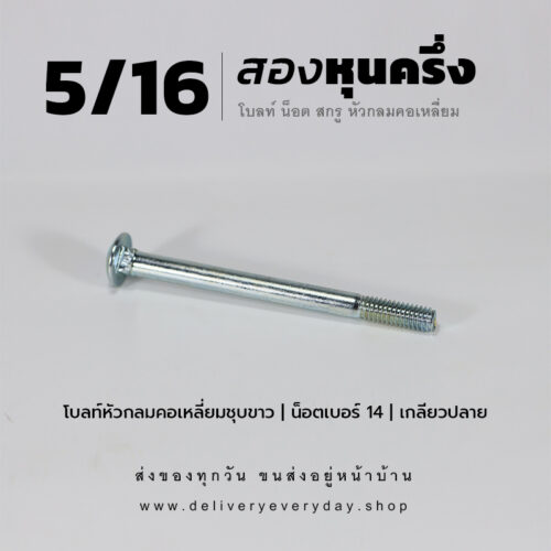 โบลท์เสาขันไม้เกลียวสองหุนครึ่ง 5/16 นิ้ว หัวเห็ด หัวกลมคอเหลี่ยม พร้อมน็อตตัวเมียเบอร์ 14 - ชุบขาว
