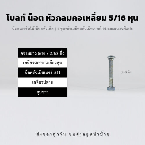 โบลท์เสาขันไม้เกลียวสองหุนครึ่ง 5/16 นิ้ว หัวเห็ด หัวกลมคอเหลี่ยม พร้อมน็อตตัวเมียเบอร์ 14 - ชุบขาว
