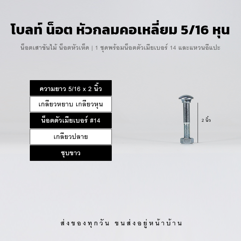 โบลท์เสาขันไม้เกลียวสองหุนครึ่ง 5/16 นิ้ว หัวเห็ด หัวกลมคอเหลี่ยม พร้อมน็อตตัวเมียเบอร์ 14 - ชุบขาว