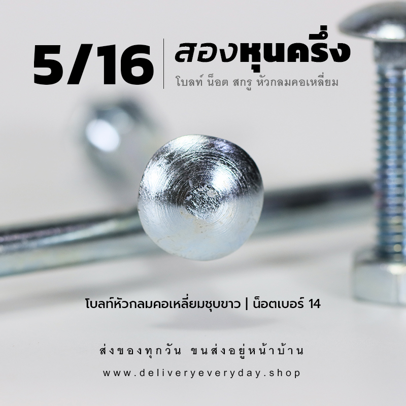 โบลท์เสาขันไม้เกลียวสองหุนครึ่ง 5/16 นิ้ว หัวเห็ด หัวกลมคอเหลี่ยม พร้อมน็อตตัวเมียเบอร์ 14 - ชุบขาว