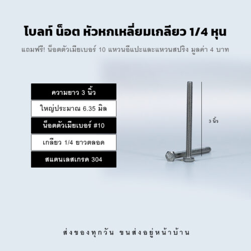 โบลท์ น็อต สกรู หัวหกเหลี่ยมเกลียว 1/4 นิ้ว สองหุน หรือ 6.35 มิล น็อตเบอร์ 10 – สแตนเลสเกรด 304