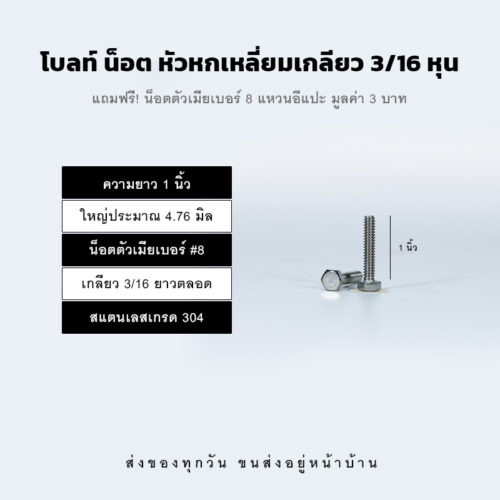 โบลท์ น็อต สกรู หัวหกเหลี่ยมเกลียว 3/16 หุน หุนครึ่ง หรือ 4.76 มิล น็อตเบอร์ 8 – สแตนเลสเกรด 304