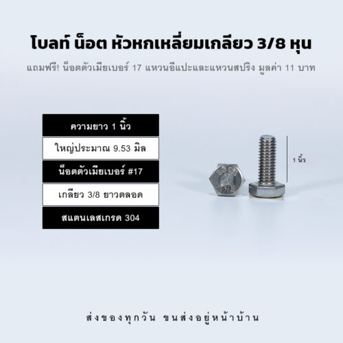 โบลท์ น็อต สกรู หัวหกเหลี่ยมเกลียว 3/8 นิ้ว สามหุน หรือ 9.53 มิล น็อตเบอร์ 17 – สแตนเลสเกรด 304