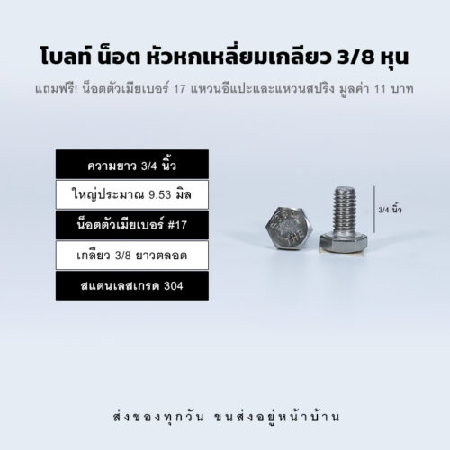 โบลท์ น็อต สกรู หัวหกเหลี่ยมเกลียว 3/8 นิ้ว สามหุน หรือ 9.53 มิล น็อตเบอร์ 17 – สแตนเลสเกรด 304
