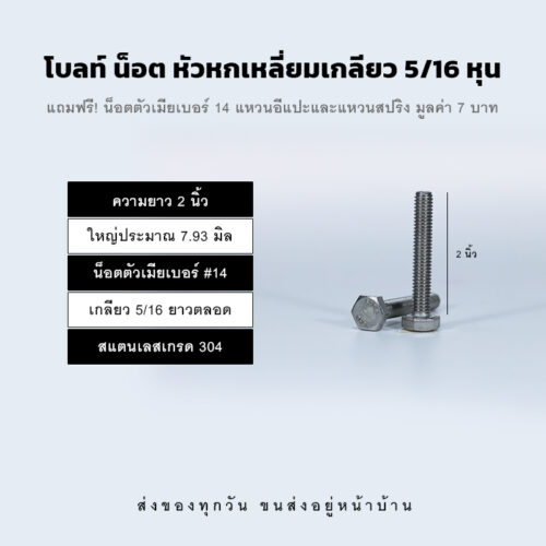 โบลท์ น็อต สกรู หัวหกเหลี่ยมเกลียว 5/16 นิ้ว สองหุนครึ่ง หรือ 7.93 มิล น็อตเบอร์ 14 – สแตนเลสเกรด 304