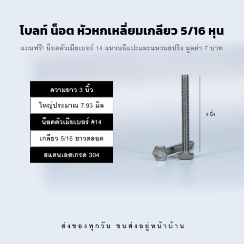 โบลท์ น็อต สกรู หัวหกเหลี่ยมเกลียว 5/16 นิ้ว สองหุนครึ่ง หรือ 7.93 มิล น็อตเบอร์ 14 – สแตนเลสเกรด 304