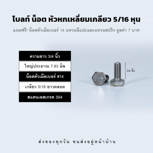 โบลท์ น็อต สกรู หัวหกเหลี่ยมเกลียว 5/16 นิ้ว สองหุนครึ่ง หรือ 7.93 มิล น็อตเบอร์ 14 – สแตนเลสเกรด 304
