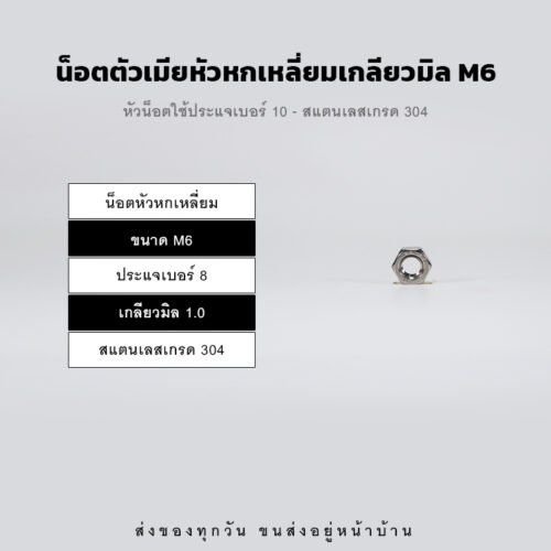 หัวน็อตตัวเมีย M6 หกเหลี่ยม เกลียวมิล เกลียวละเอียด – สแตนเลส 304