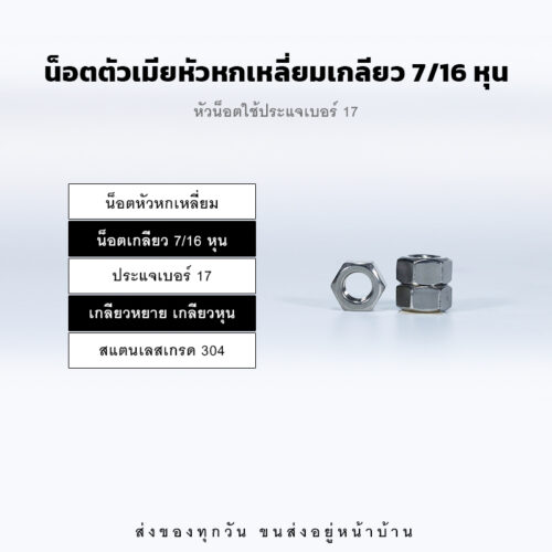 หัวน็อตตัวเมีย หกเหลี่ยม เกลียวหุน เกลียวหยาบ – สแตนเลส 304