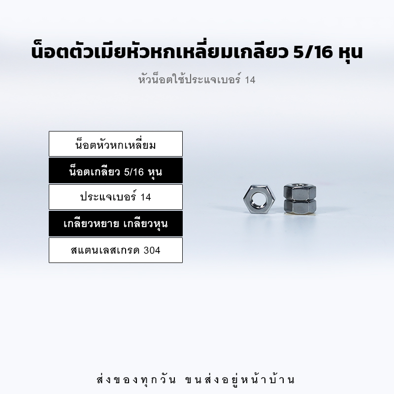หัวน็อตตัวเมีย หกเหลี่ยม เกลียวหุน เกลียวหยาบ – สแตนเลส 304