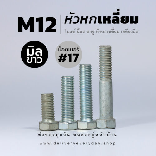 โบลท์ น็อต สกรูหัวหกเหลี่ยม M12 น็อตเบอร์ 17 เกลียว 1.50 - ชุบขาว