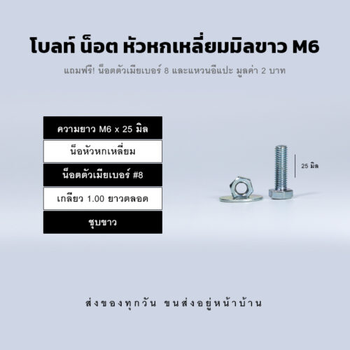 โบลท์ น็อต สกรูหัวหกเหลี่ยม M6 น็อตเบอร์ 8 เกลียว 1.00 - ชุบขาว