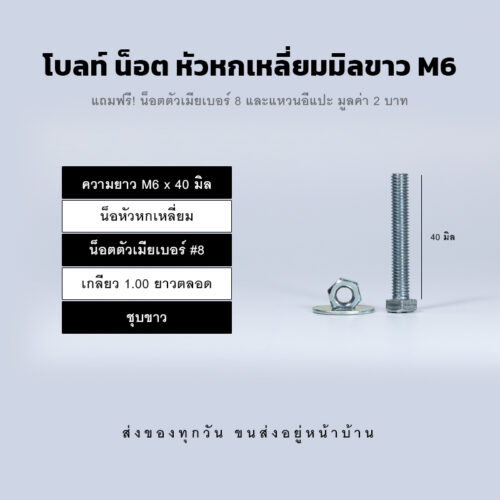 โบลท์ น็อต สกรูหัวหกเหลี่ยม M6 น็อตเบอร์ 8 เกลียว 1.00 - ชุบขาว