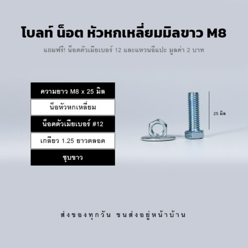 โบลท์ น็อต สกรูหัวหกเหลี่ยม M8 น็อตเบอร์ 12 เกลียว 1.25 - ชุบขาว