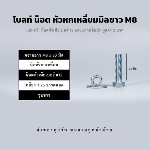 โบลท์ น็อต สกรูหัวหกเหลี่ยม M8 น็อตเบอร์ 12 เกลียว 1.25 - ชุบขาว