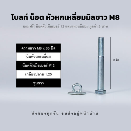 โบลท์ น็อต สกรูหัวหกเหลี่ยม M8 น็อตเบอร์ 12 เกลียว 1.25 - ชุบขาว