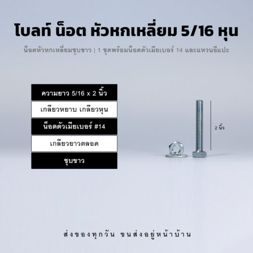 โบลท์หัวหกเหลี่ยม 5/16 นิ้ว สองหุนครึ่ง น็อตเบอร์ 14 – ชุบขาว