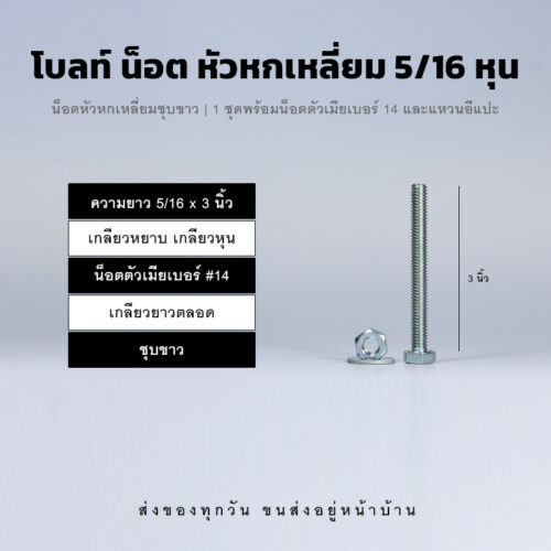 โบลท์หัวหกเหลี่ยม 5/16 นิ้ว สองหุนครึ่ง น็อตเบอร์ 14 – ชุบขาว