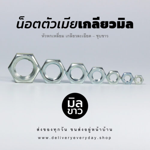 หัวน็อตตัวเมีย หกเหลี่ยม เกลียวมิล เกลียวละเอียด – ชุบขาว