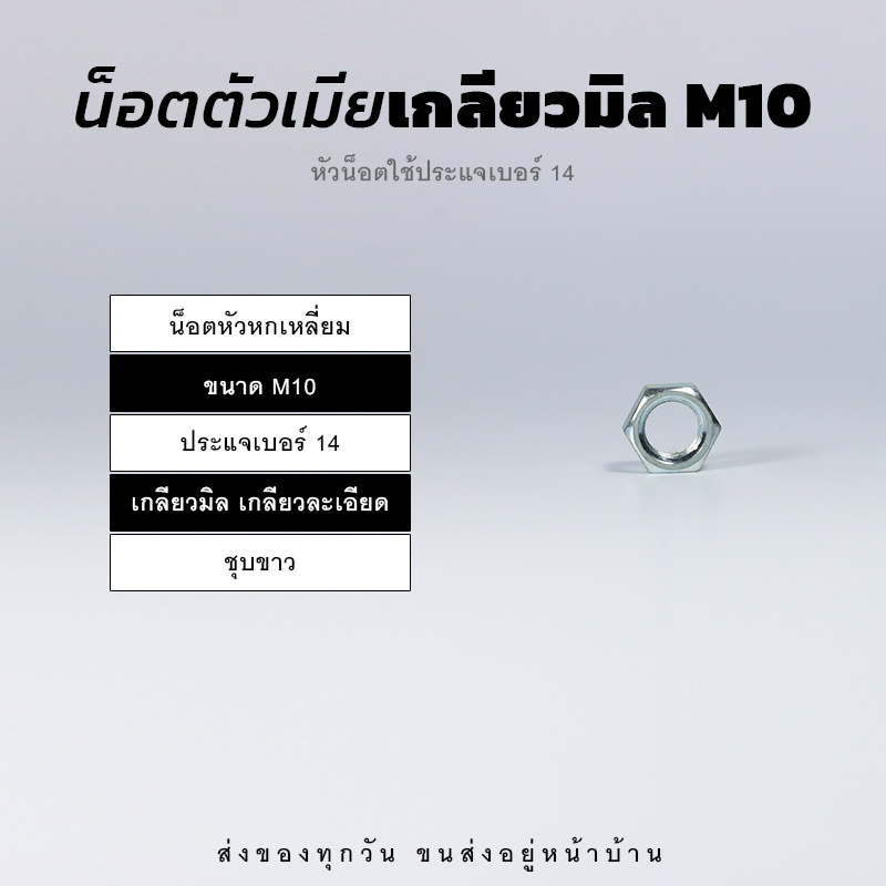 หัวน็อตตัวเมีย หกเหลี่ยม เกลียวมิล เกลียวละเอียด – ชุบขาว