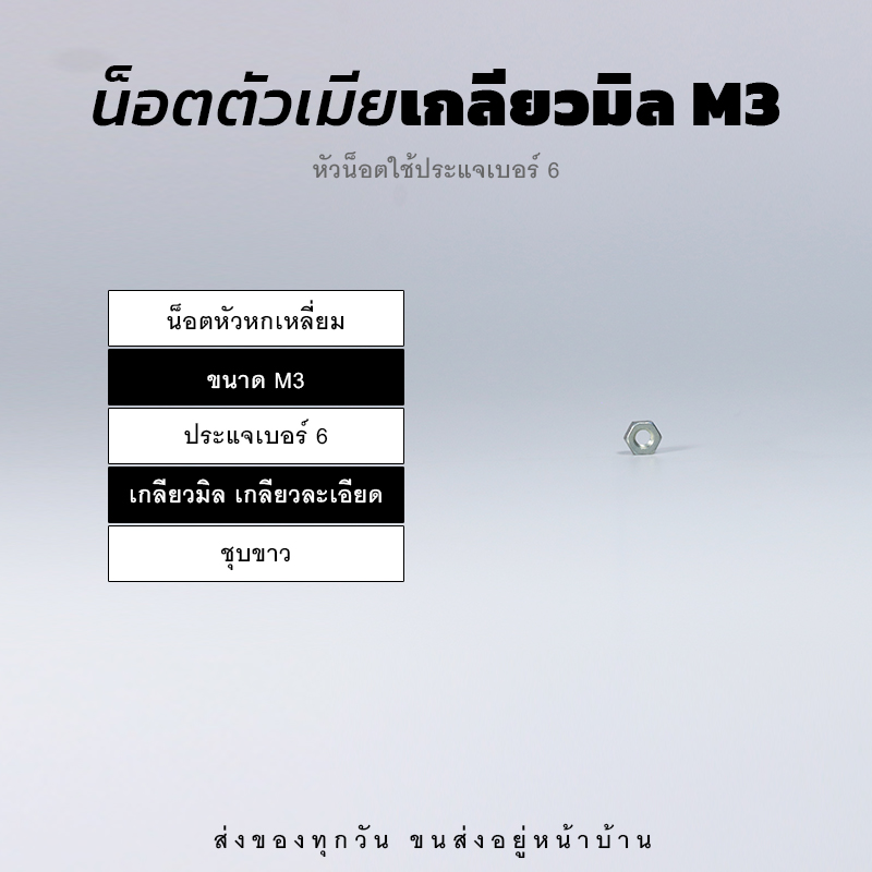 หัวน็อตตัวเมีย หกเหลี่ยม เกลียวมิล เกลียวละเอียด – ชุบขาว