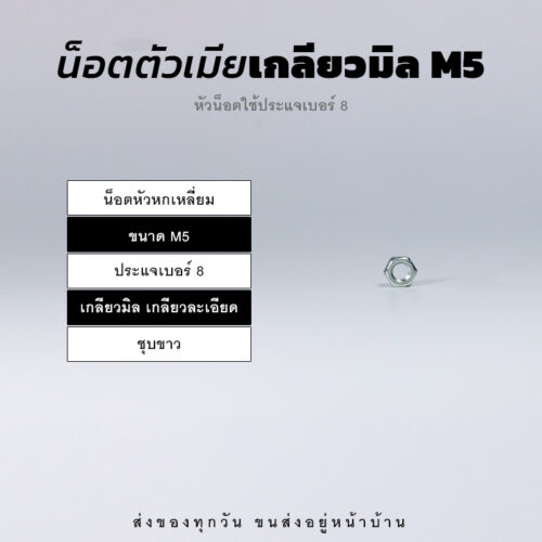 หัวน็อตตัวเมีย หกเหลี่ยม เกลียวมิล เกลียวละเอียด – ชุบขาว