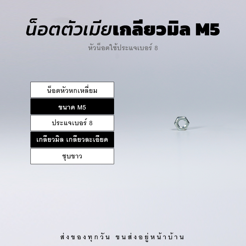 หัวน็อตตัวเมีย หกเหลี่ยม เกลียวมิล เกลียวละเอียด – ชุบขาว