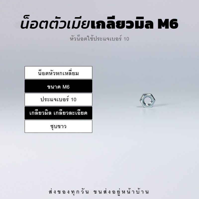หัวน็อตตัวเมีย หกเหลี่ยม เกลียวมิล เกลียวละเอียด – ชุบขาว