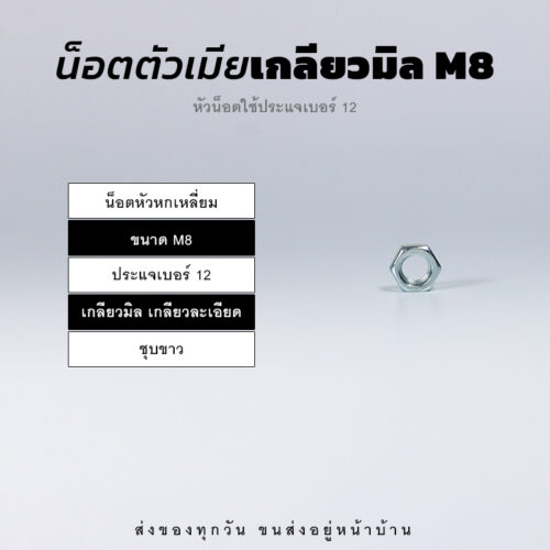 หัวน็อตตัวเมีย หกเหลี่ยม เกลียวมิล เกลียวละเอียด – ชุบขาว