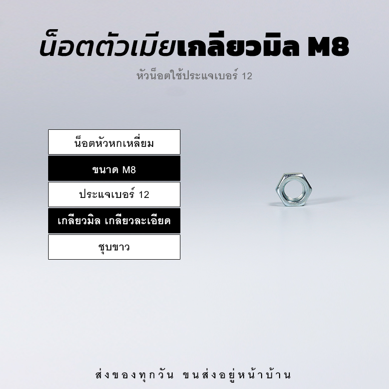 หัวน็อตตัวเมีย หกเหลี่ยม เกลียวมิล เกลียวละเอียด – ชุบขาว
