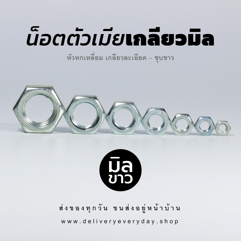 หัวน็อตตัวเมีย หกเหลี่ยม เกลียวมิล เกลียวละเอียด – ชุบขาว