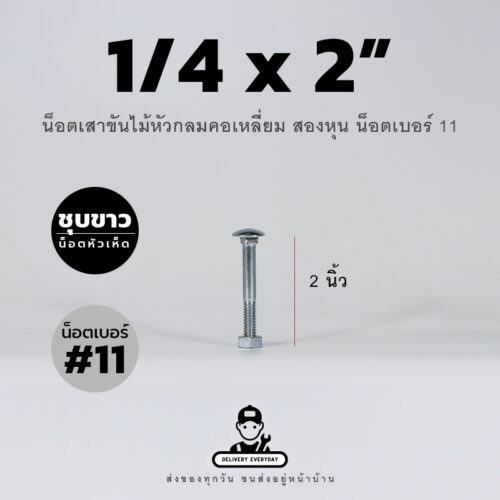 น็อตเสาขันไม้หัวกลมคอเหลี่ยมชุบขาวขนาดสองหุน