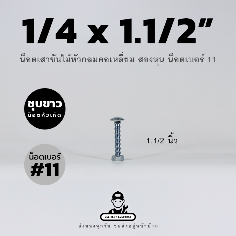 น็อตเสาขันไม้หัวกลมคอเหลี่ยมชุบขาวขนาดสองหุน